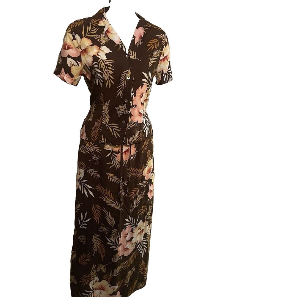 VTG 90s Notations Cotton Tropical Floral Maxi Skirt Set PM Back Tie Tiki Resort